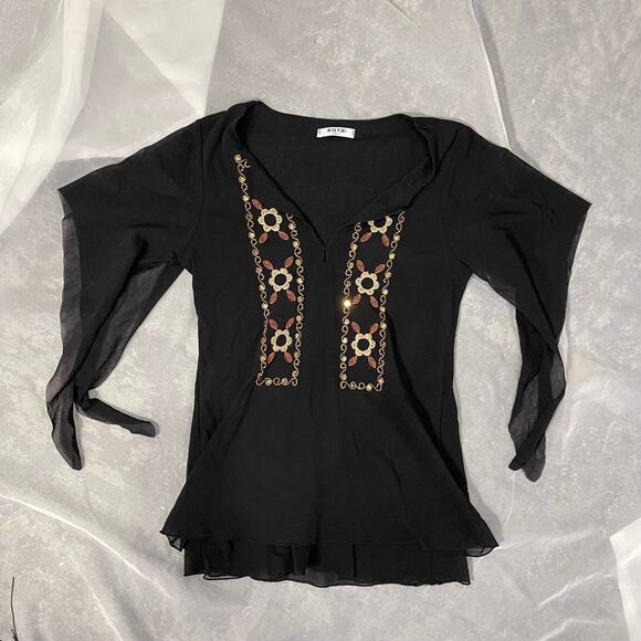 Made in Italy Vintage 00s boho black floral embroidered blouse with bell sleeves - Picture 2 of 10